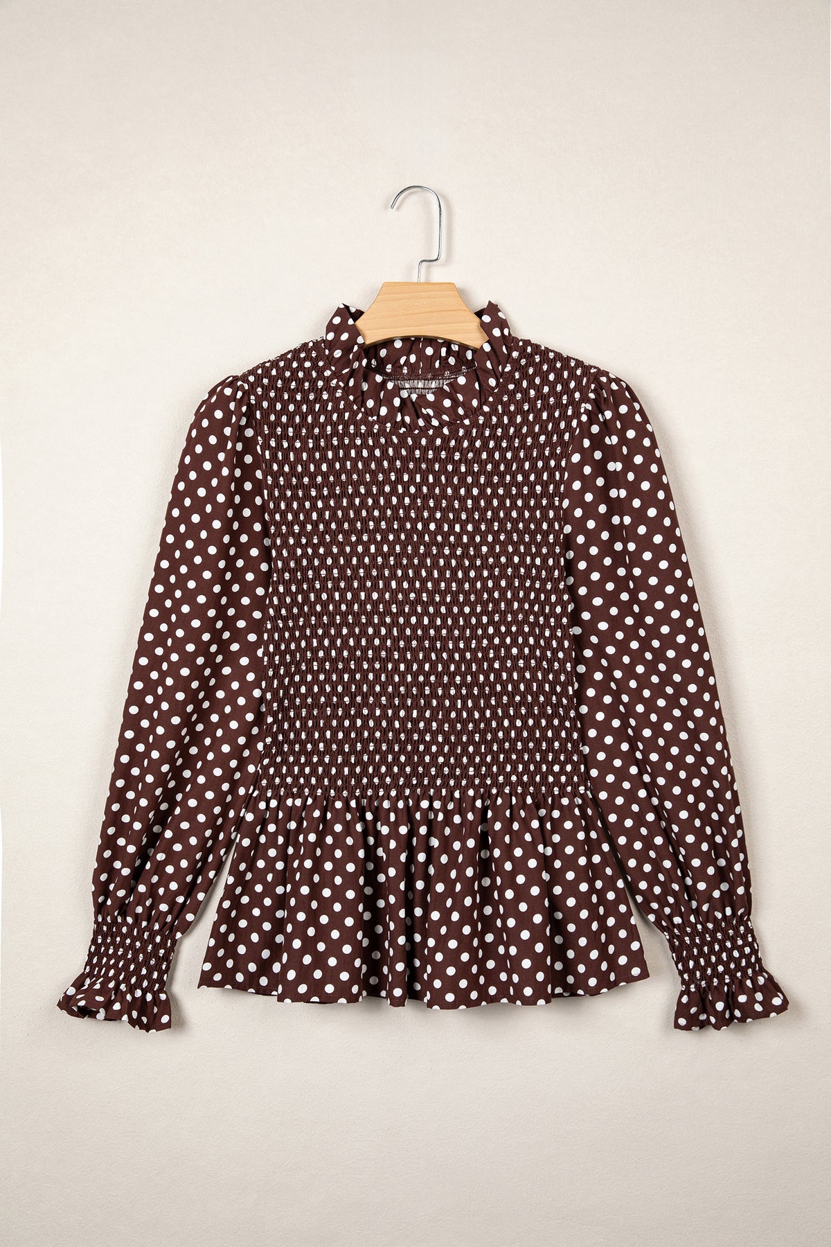 Polka Dot Ruffled High Neck Ruffle Hem Blouse