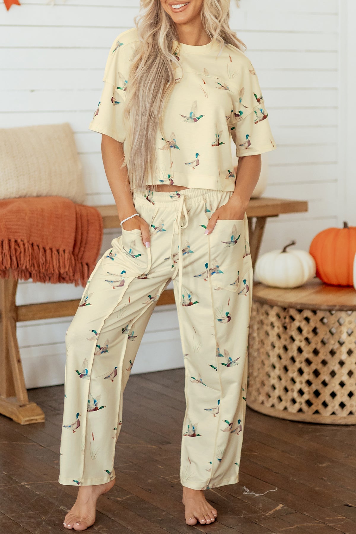 Mallard Print Short Sleeve Top Pocket Pants 2pcs Casual Set