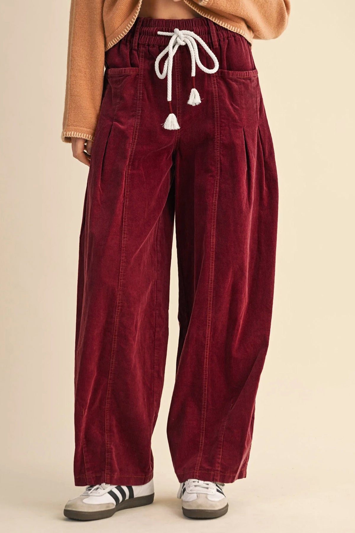 Elastic Waist Drawstring Corduroy Pants