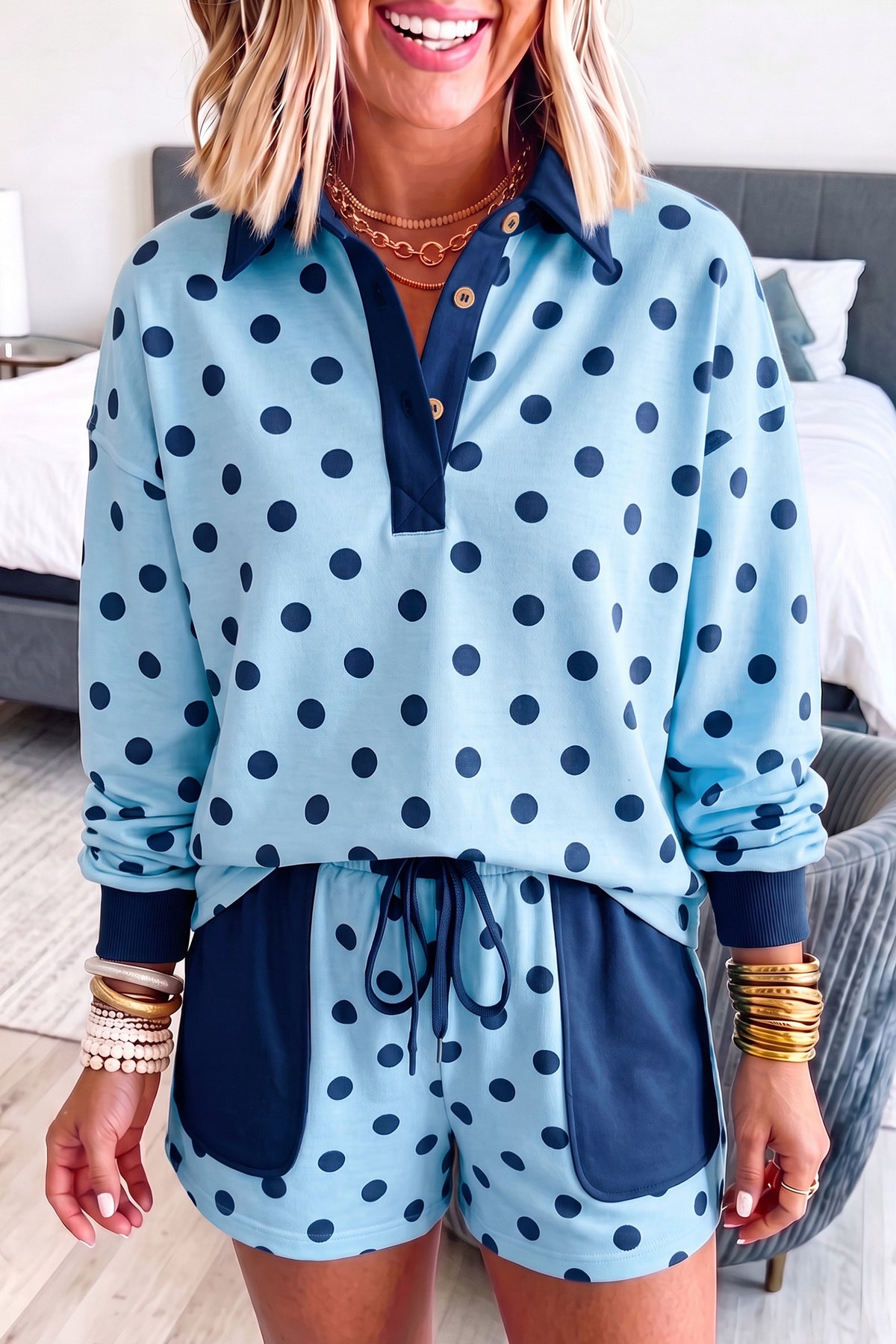 Polka Dot Drop Shoulder Loose Pullover Patch Pocket Shorts Set