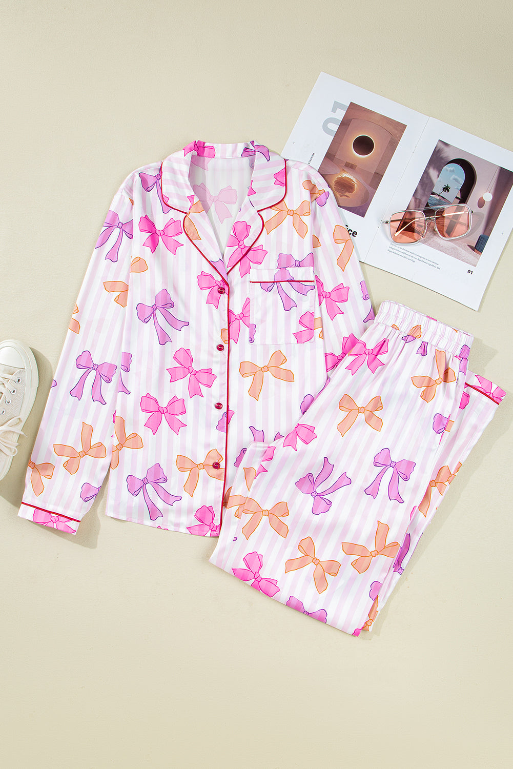 Pink Striped Bow 2pcs Pajama Set