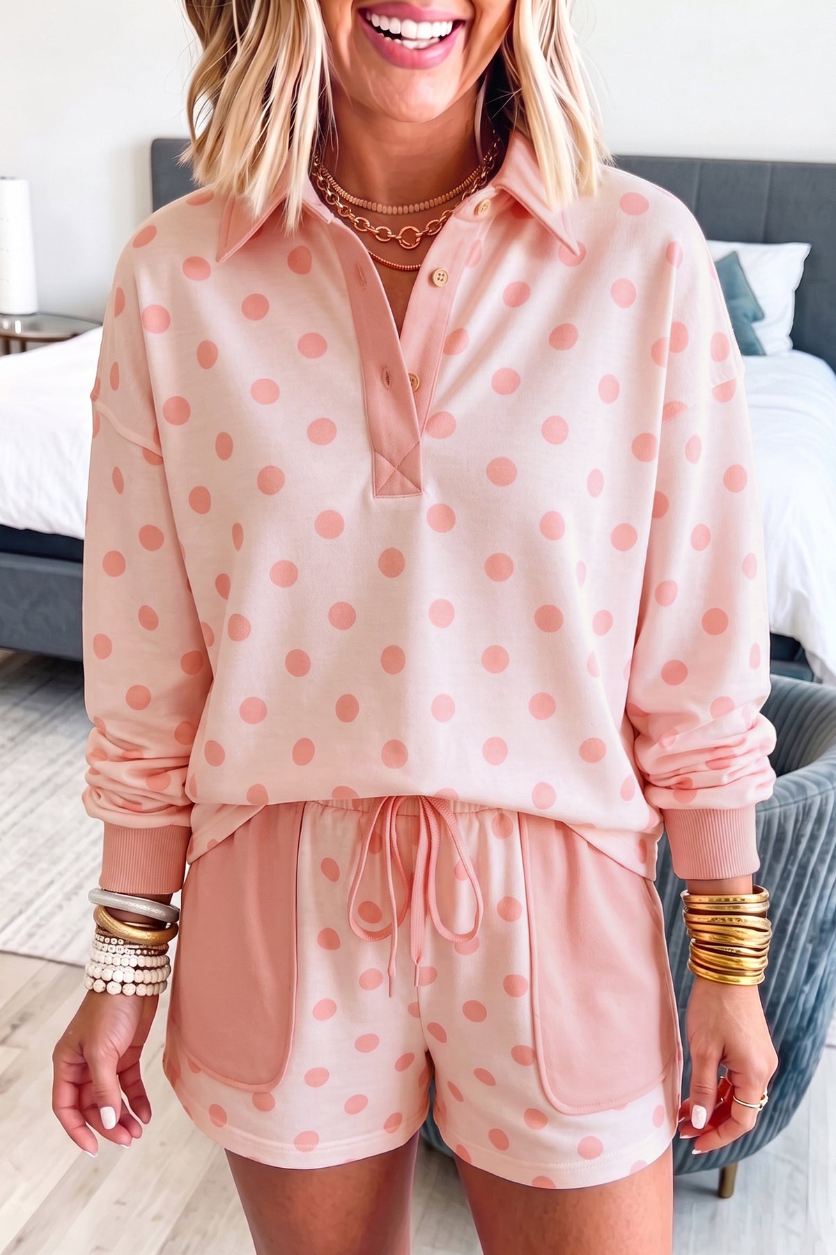 Polka Dot Drop Shoulder Loose Pullover Patch Pocket Shorts Set