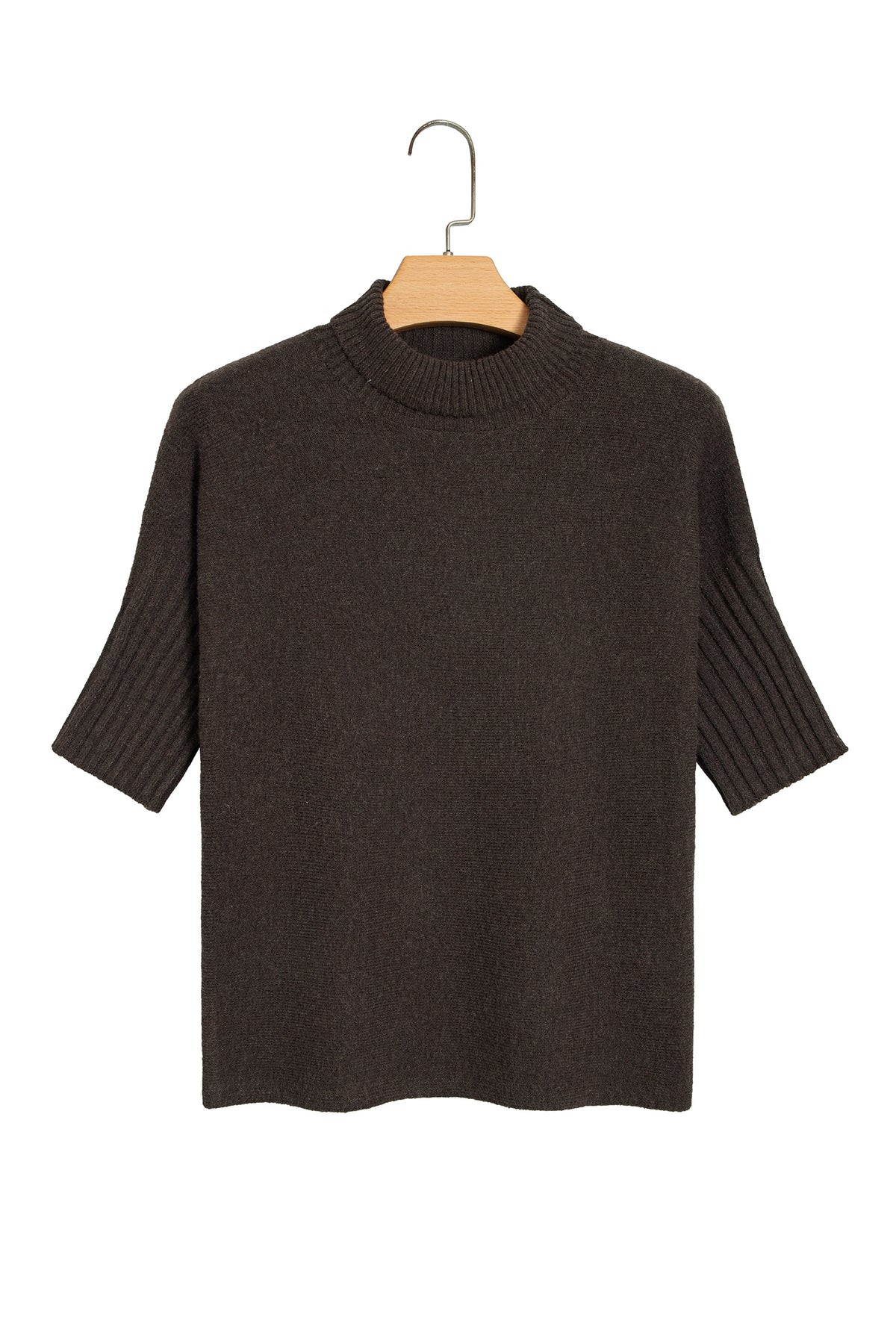 Ribbed Trim High Neck Short Sleeve Sweater
