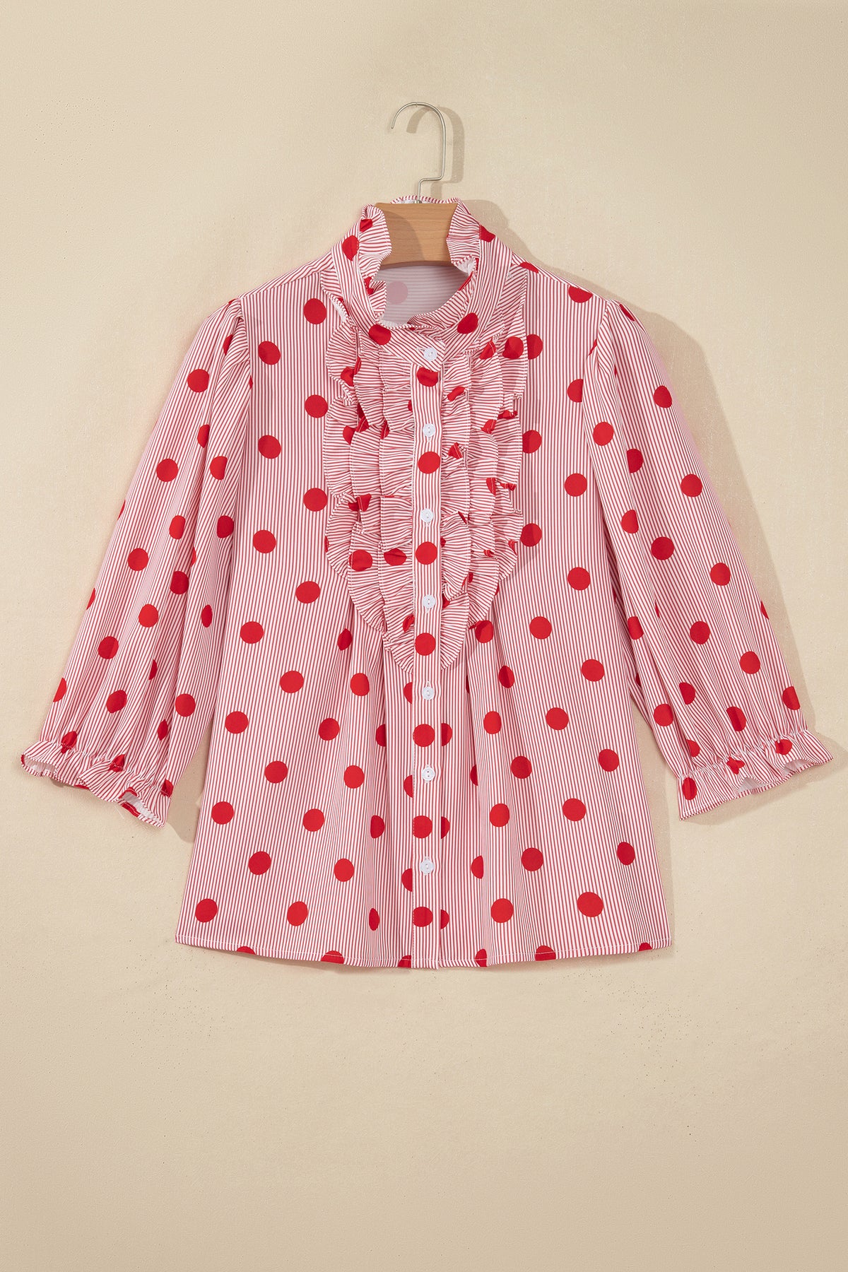 Polka Dot Print Ruffle 3/4 Sleeve Shift Shirt
