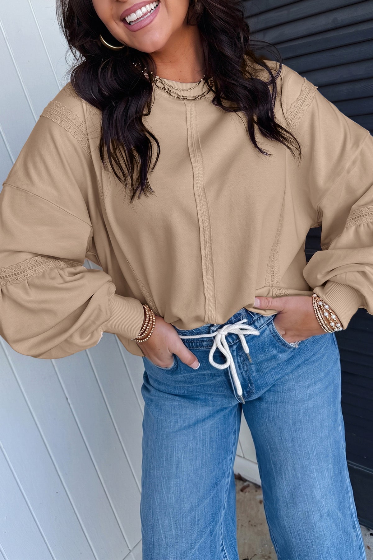 Raw Seam Lace Detail Sweatshirt