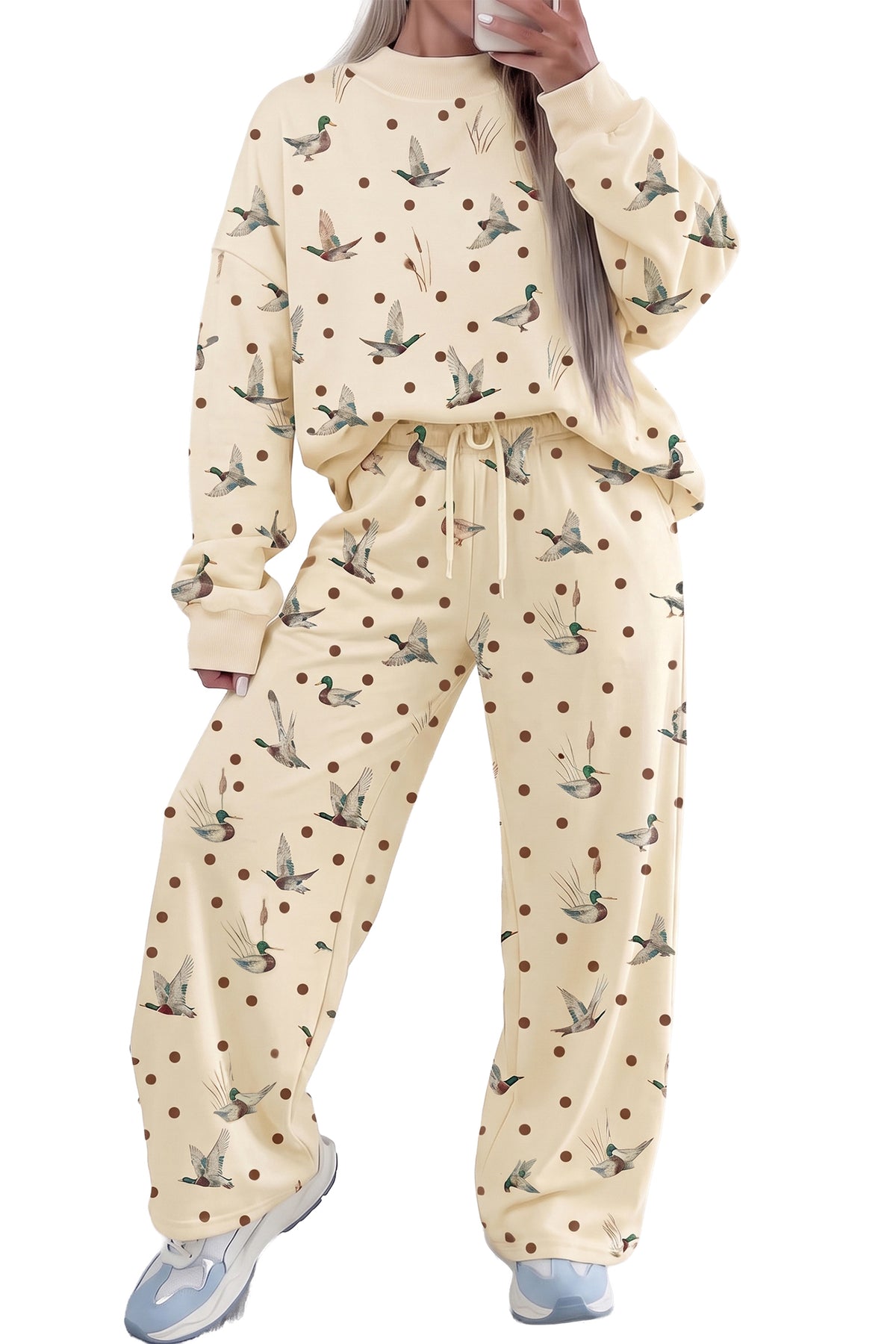 Polka Dot Mallard Print Crewneck Pullover 2-Piece Pants Set