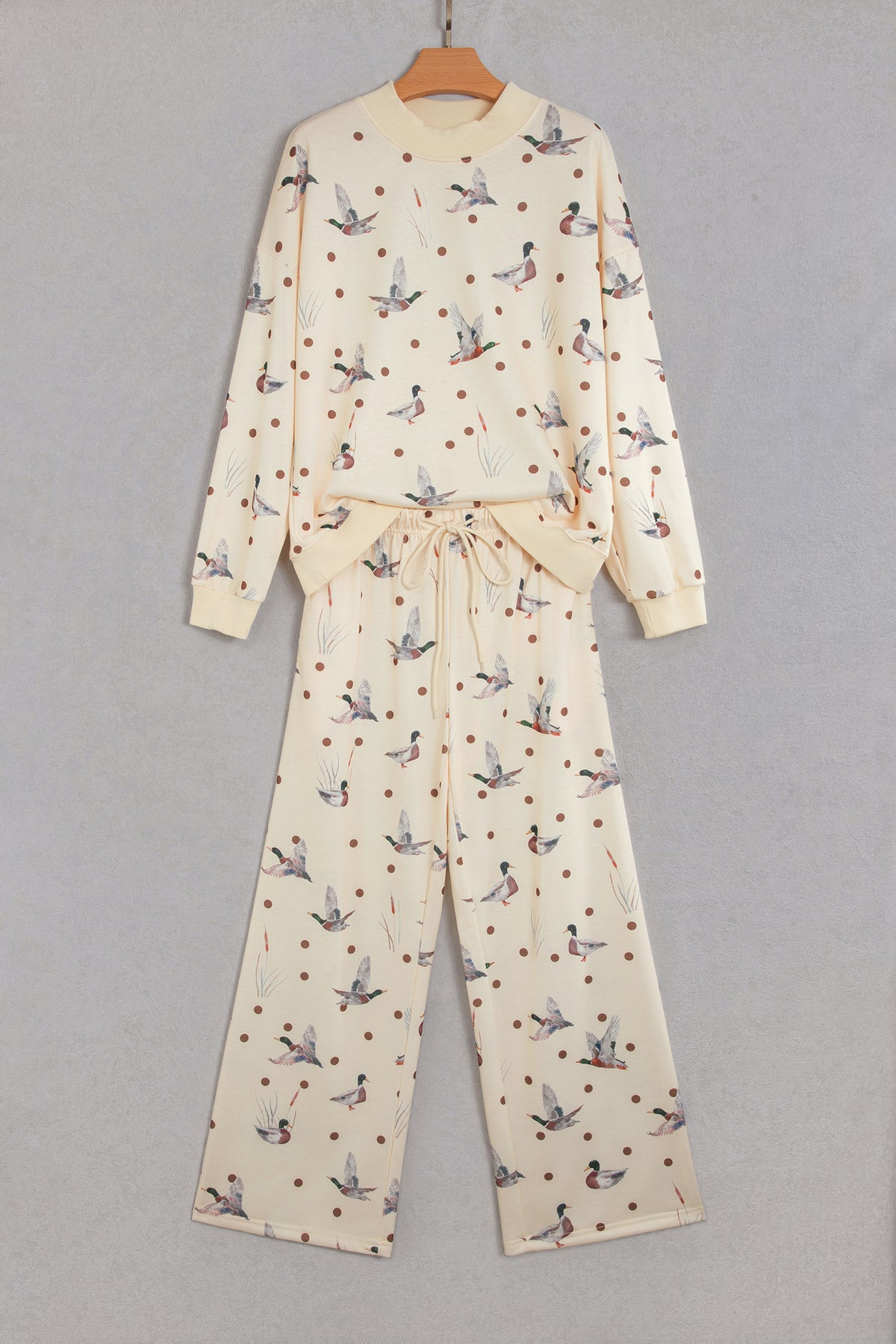 Polka Dot Mallard Print Crewneck Pullover 2-Piece Pants Set