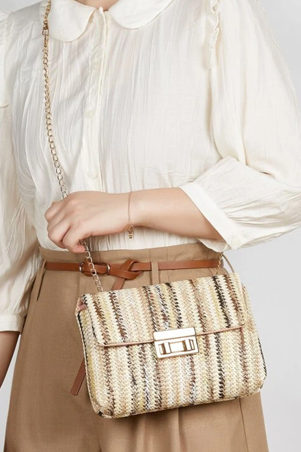 Multicolour Straw Plaited Gold Chain Single Shoulder Bag