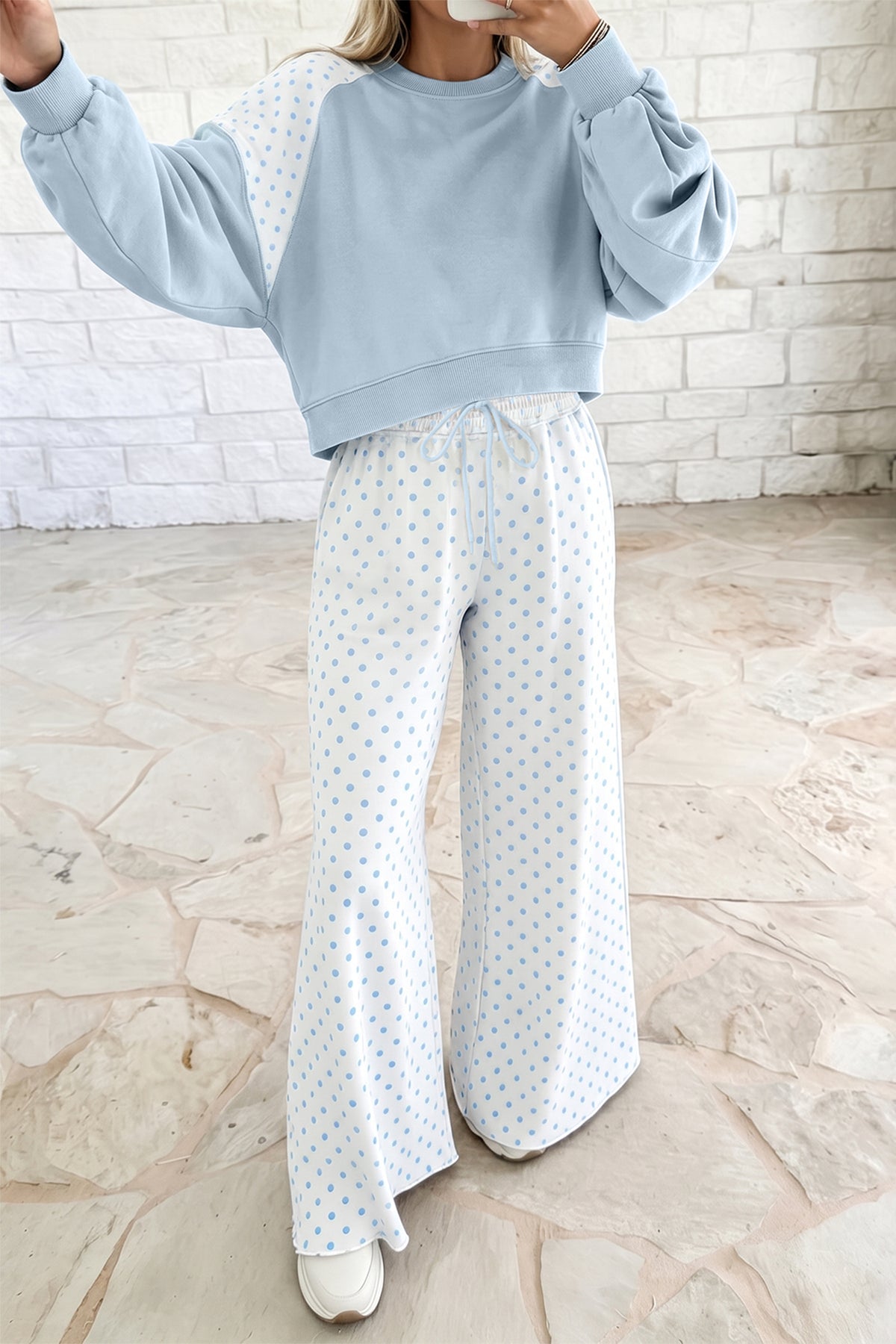 Polka Dot Colorblock Long Sleeve 2-Piece Pants Set