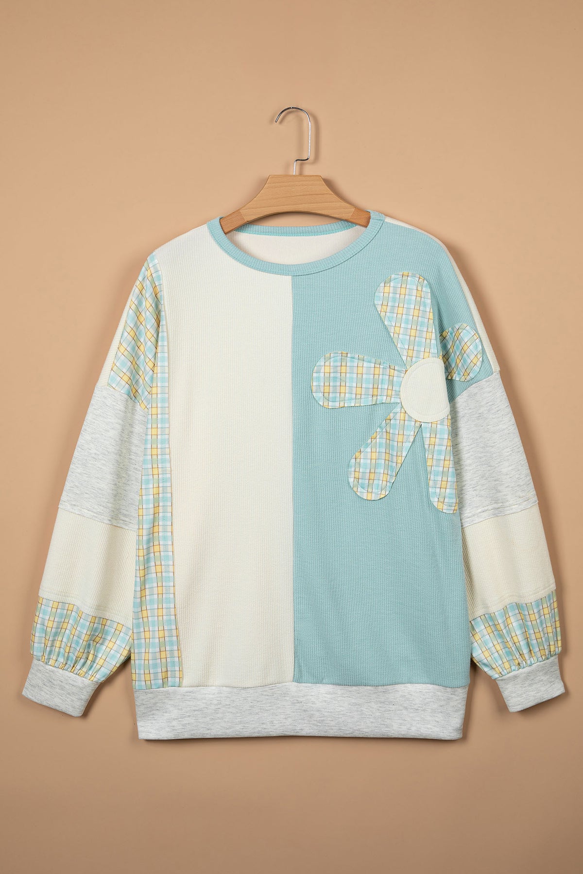 Light Blue Plaid Patchwork Top