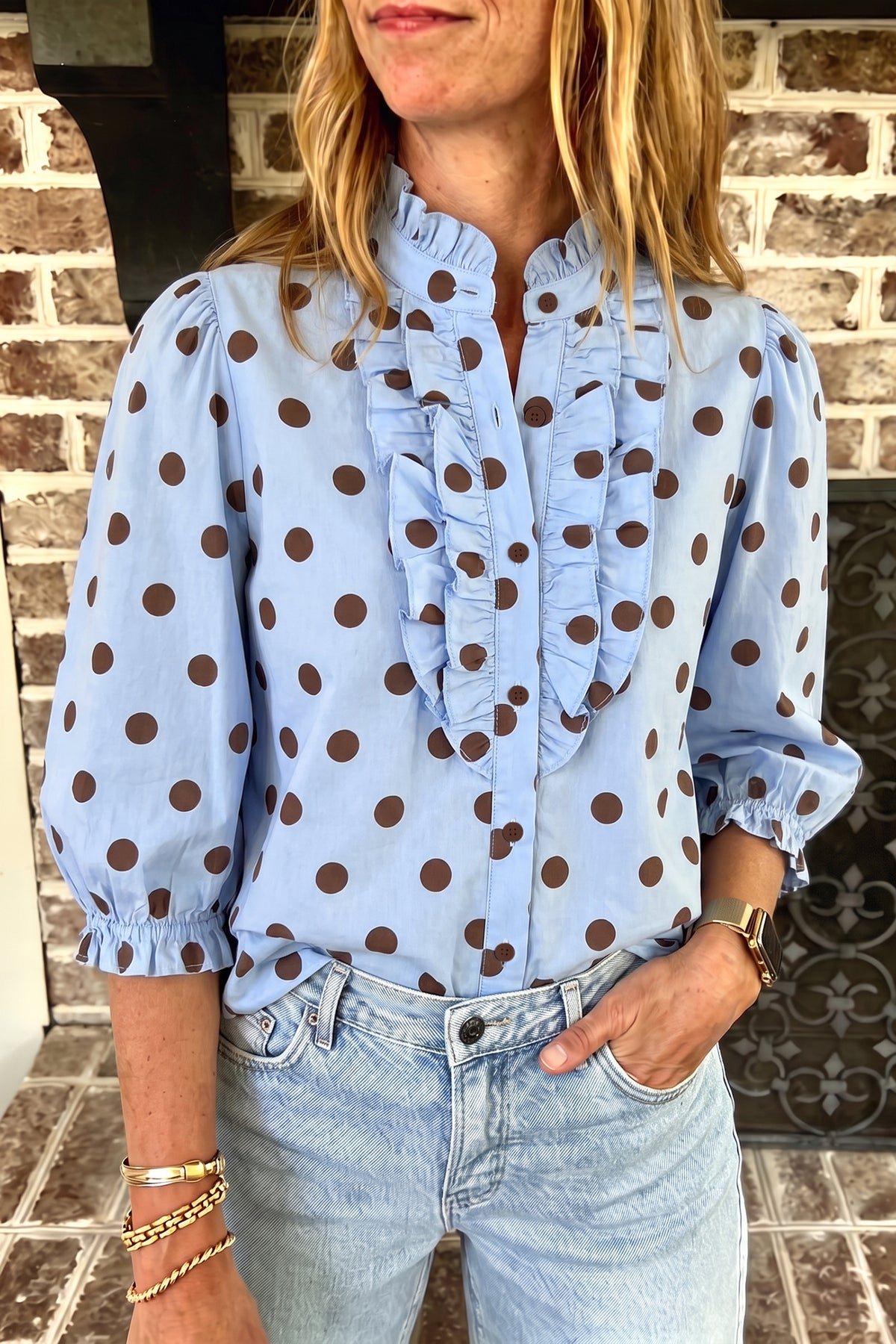 Polka Dot Print Ruffle 3/4 Sleeve Shift Shirt