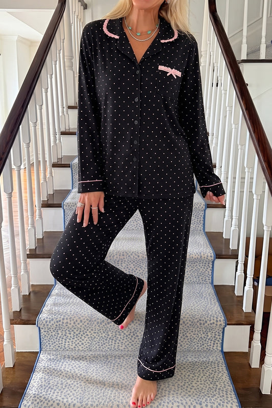 Polka Dot Long Sleeve Two Piece Pajama Pant Set
