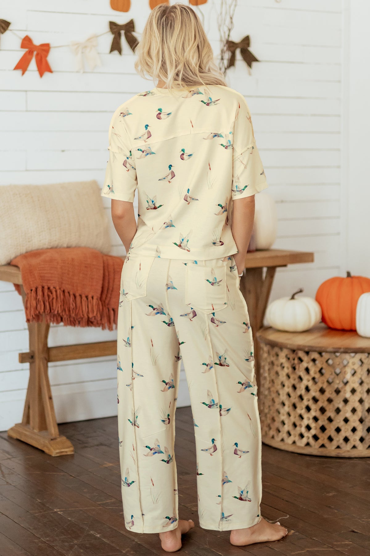 Mallard Print Short Sleeve Top Pocket Pants 2pcs Casual Set