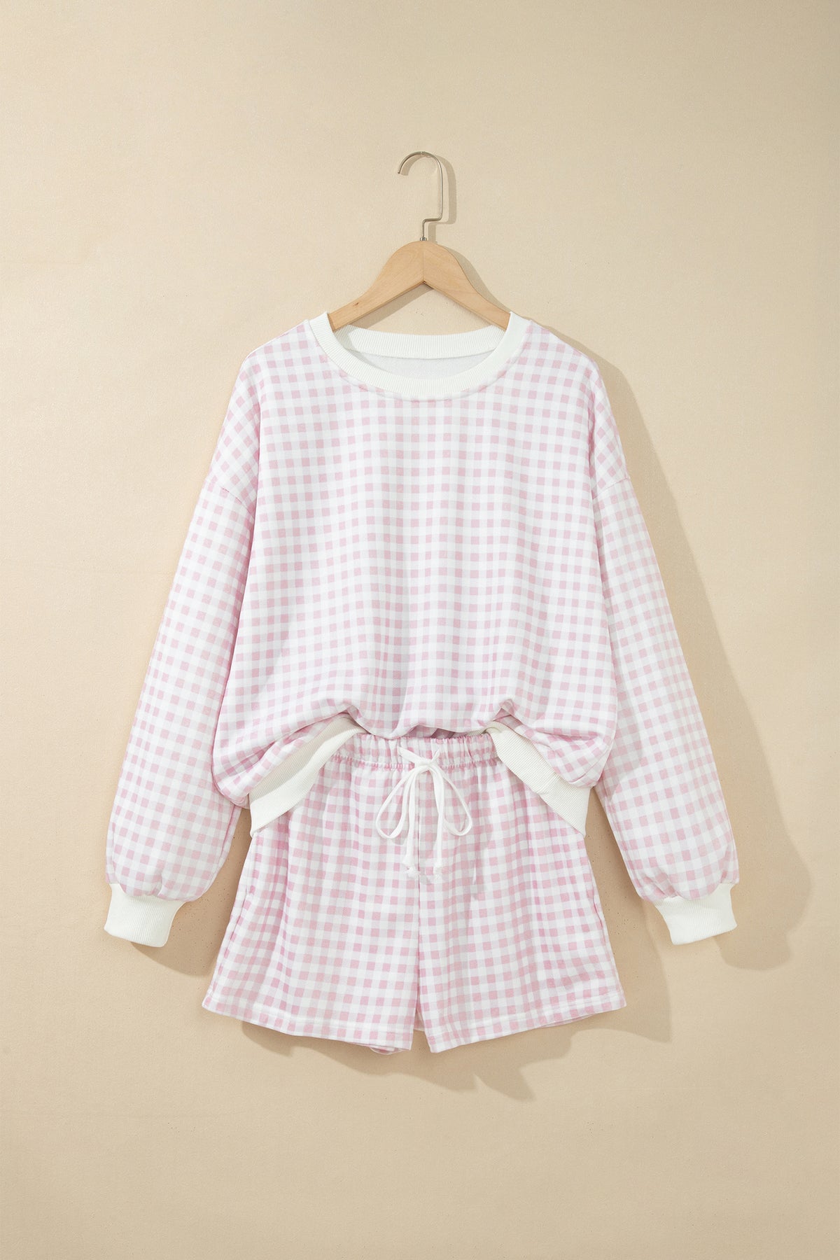 Plaid Baggy Pullover & Drawstring Shorts 2pcs Outfit