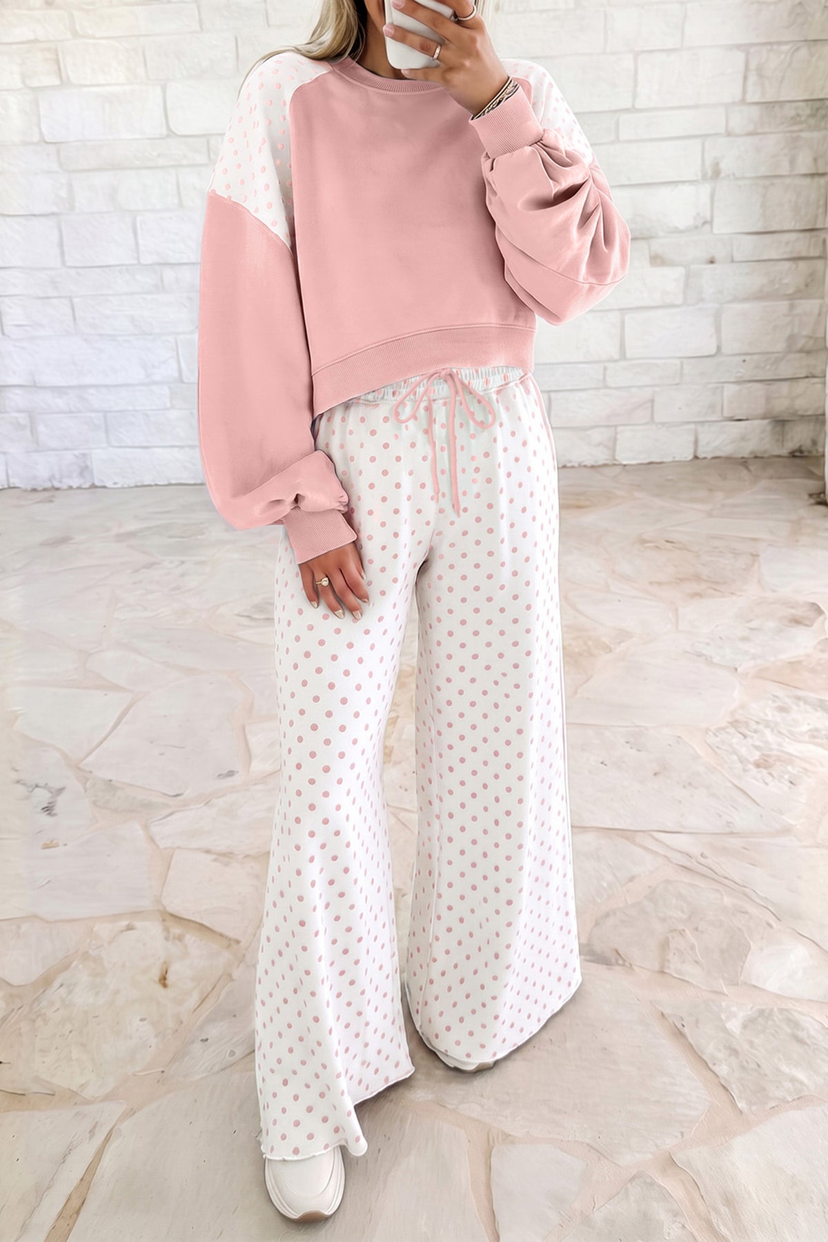 Polka Dot Colorblock Long Sleeve 2-Piece Pants Set