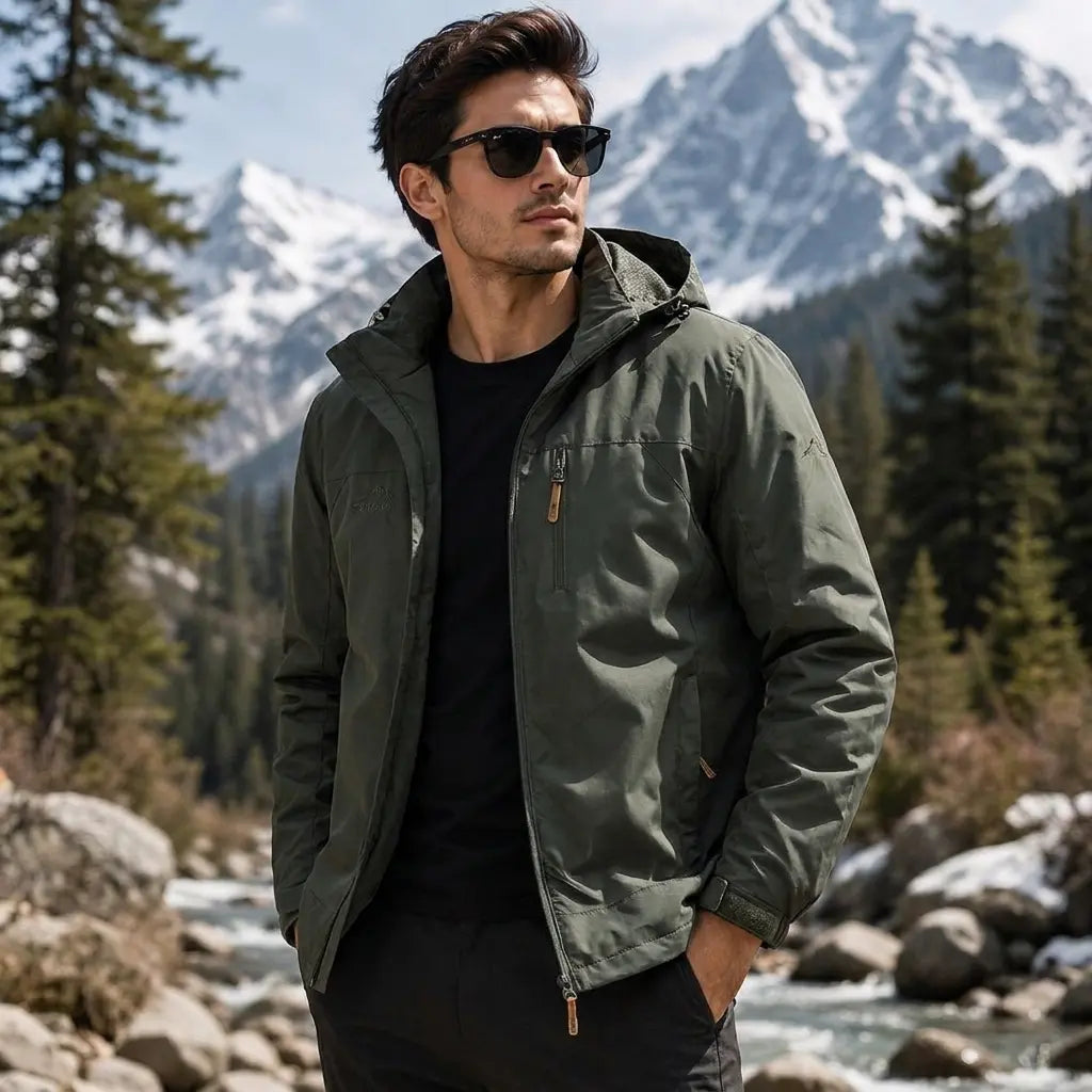 Men's Lightweight Detachable Hood Zipper Multi-Pocket Casual Windbreaker