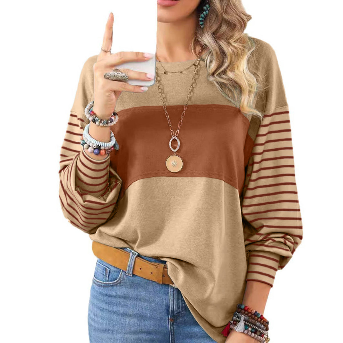 Womens Long Sleeve Pullover Top Striped