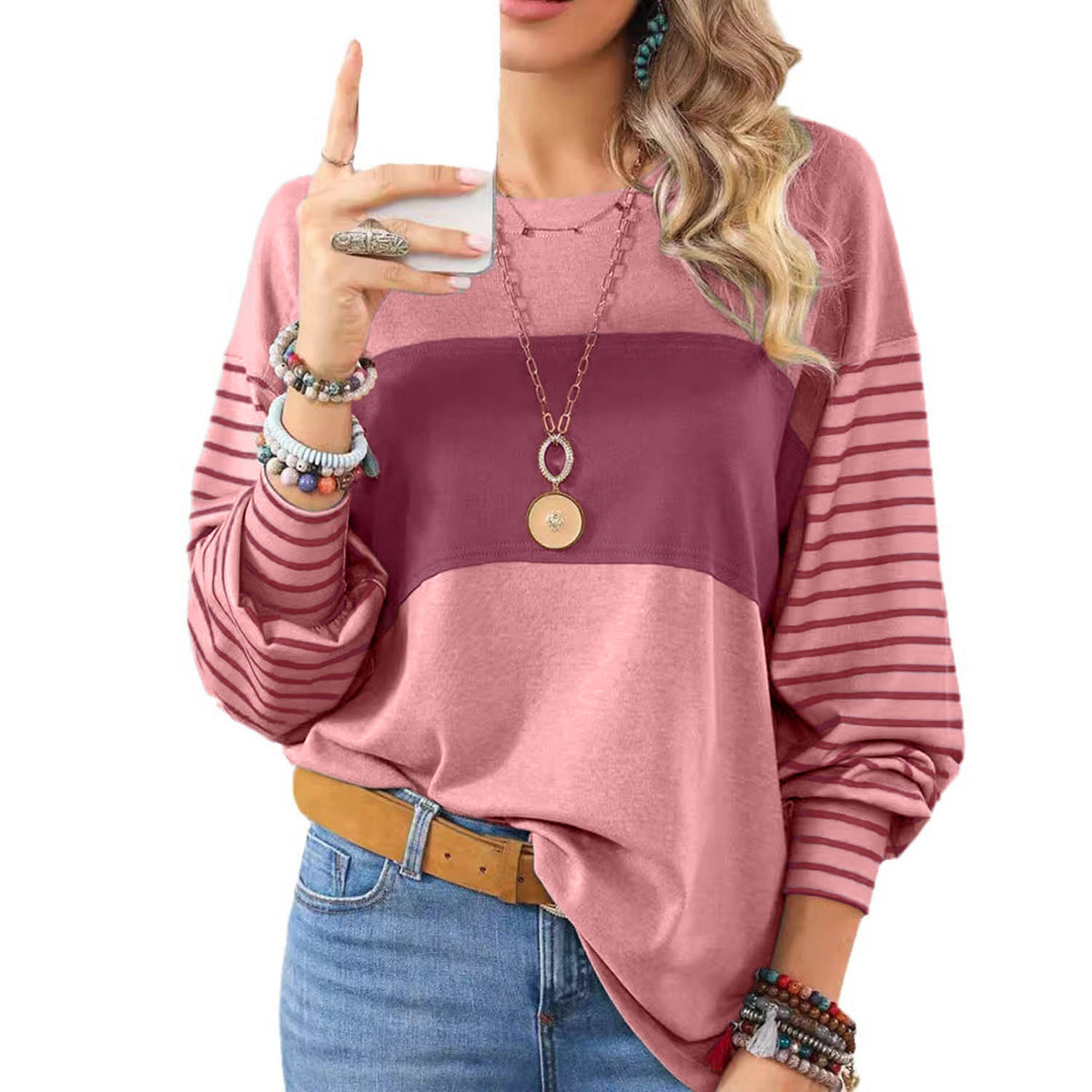Womens Long Sleeve Pullover Top Striped
