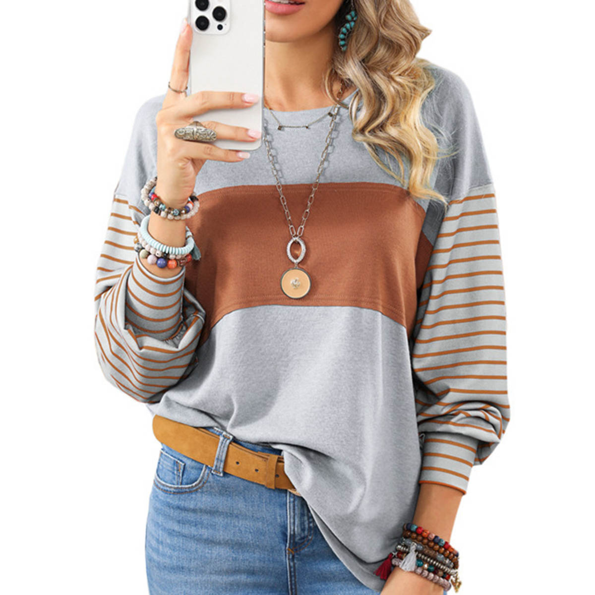 Womens Long Sleeve Pullover Top Striped