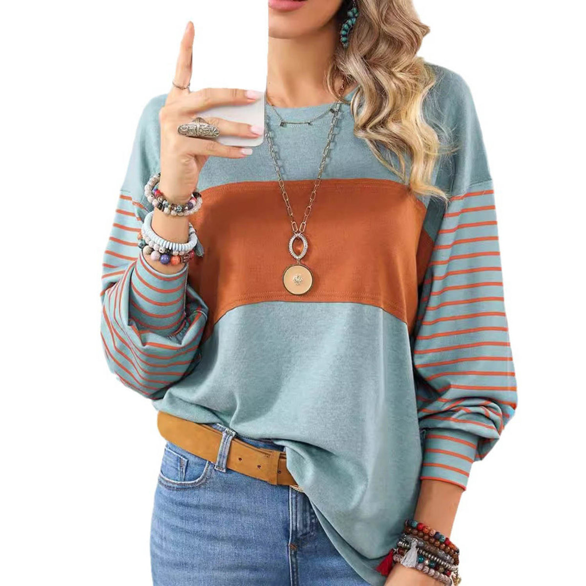 Womens Long Sleeve Pullover Top Striped