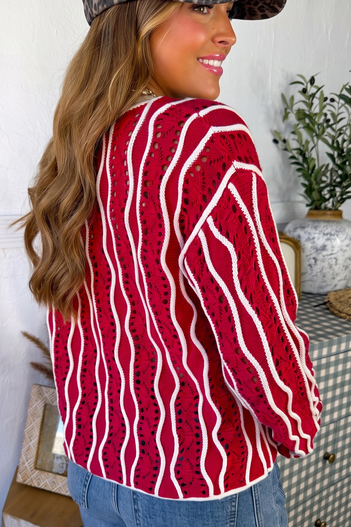 Wavy Detail Hollow Out Knit Sweater