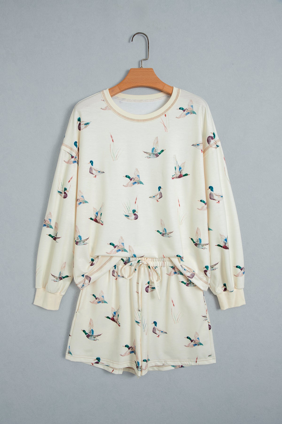 Mallard Print Long Sleeve Top Drawstring Short Set