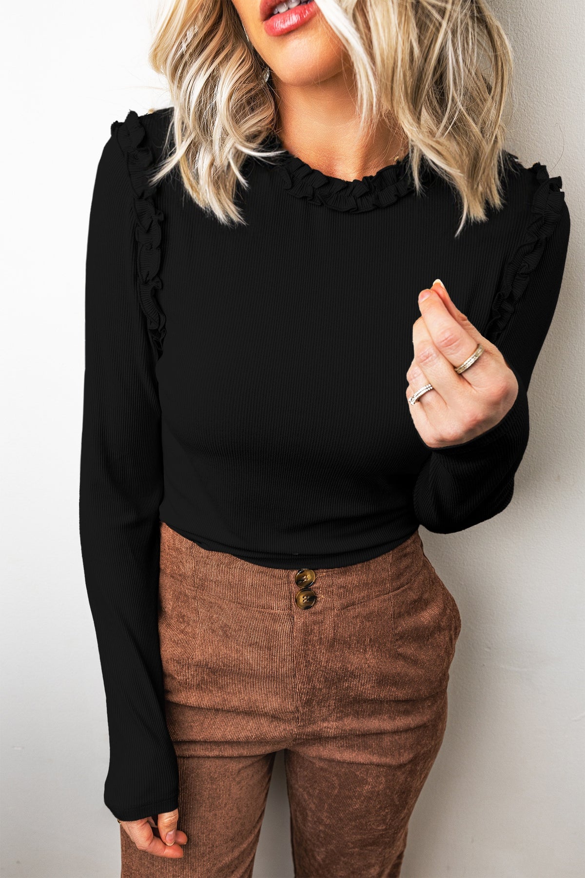 Round Neck Frill Detail Long Sleeve Top