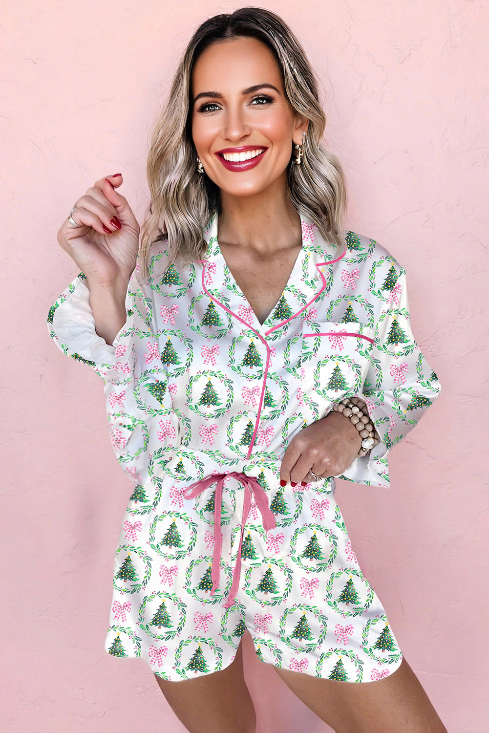 Christmas Print Velvet Trim Bow Knot Pajama 2pcs Short Set