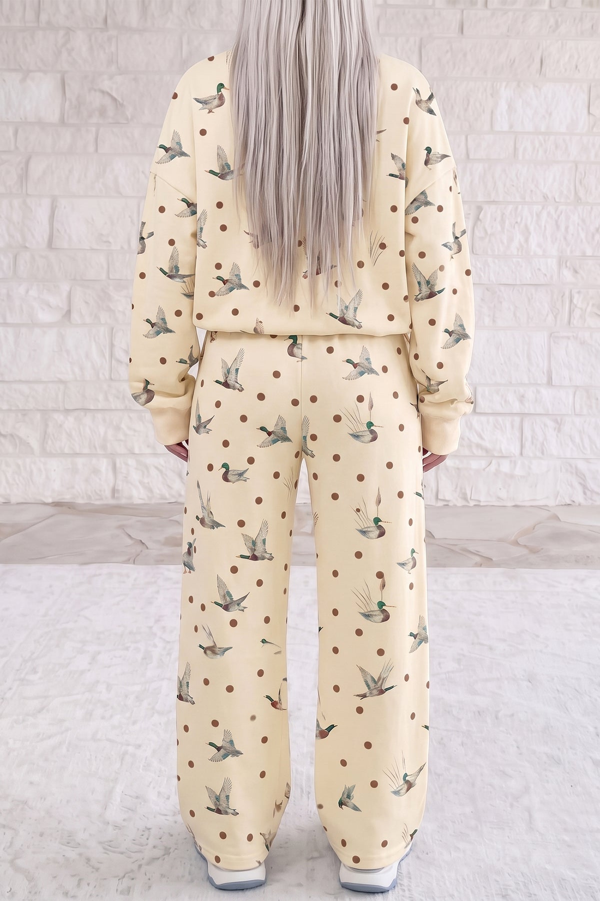 Polka Dot Mallard Print Crewneck Pullover 2-Piece Pants Set