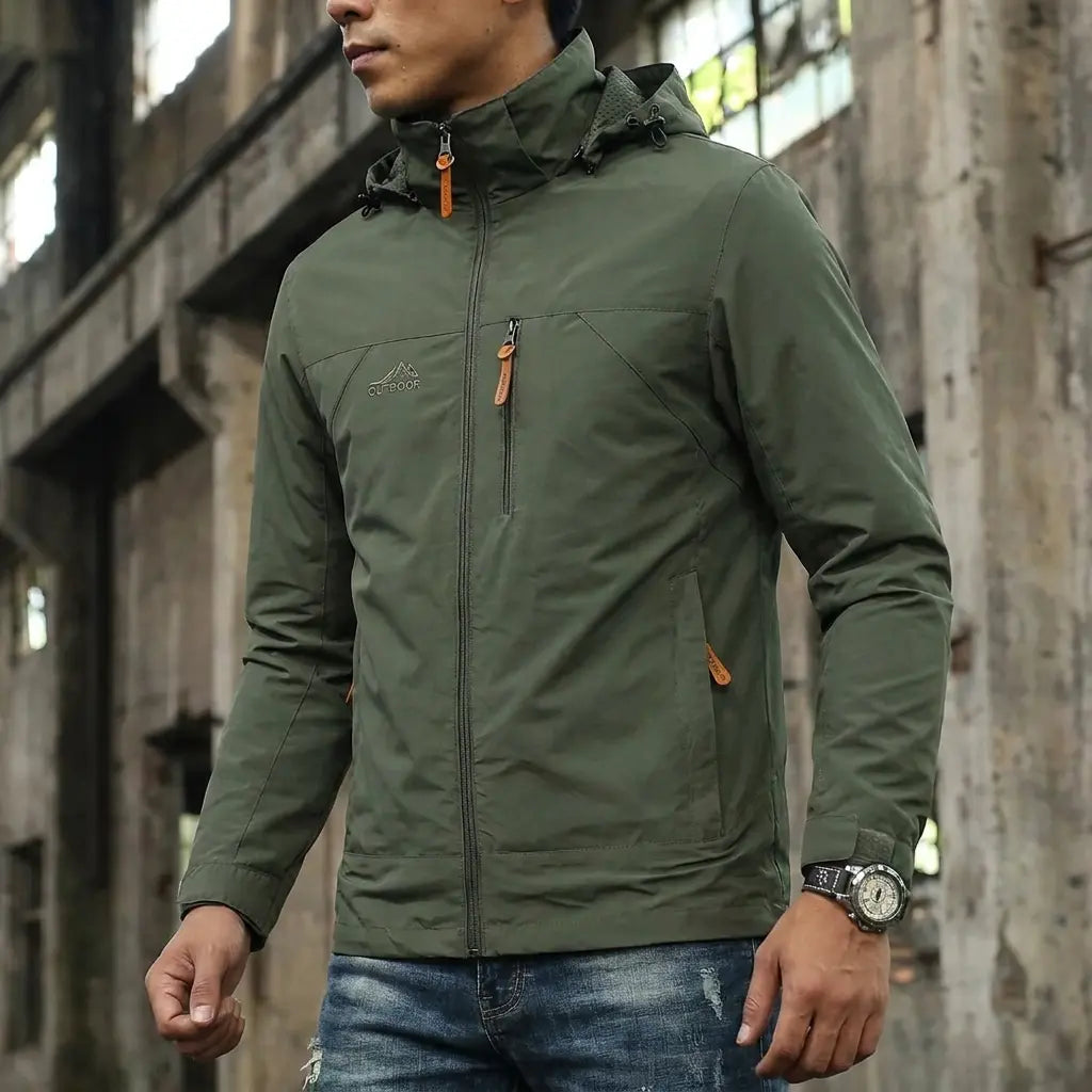 Men's Lightweight Detachable Hood Zipper Multi-Pocket Casual Windbreaker