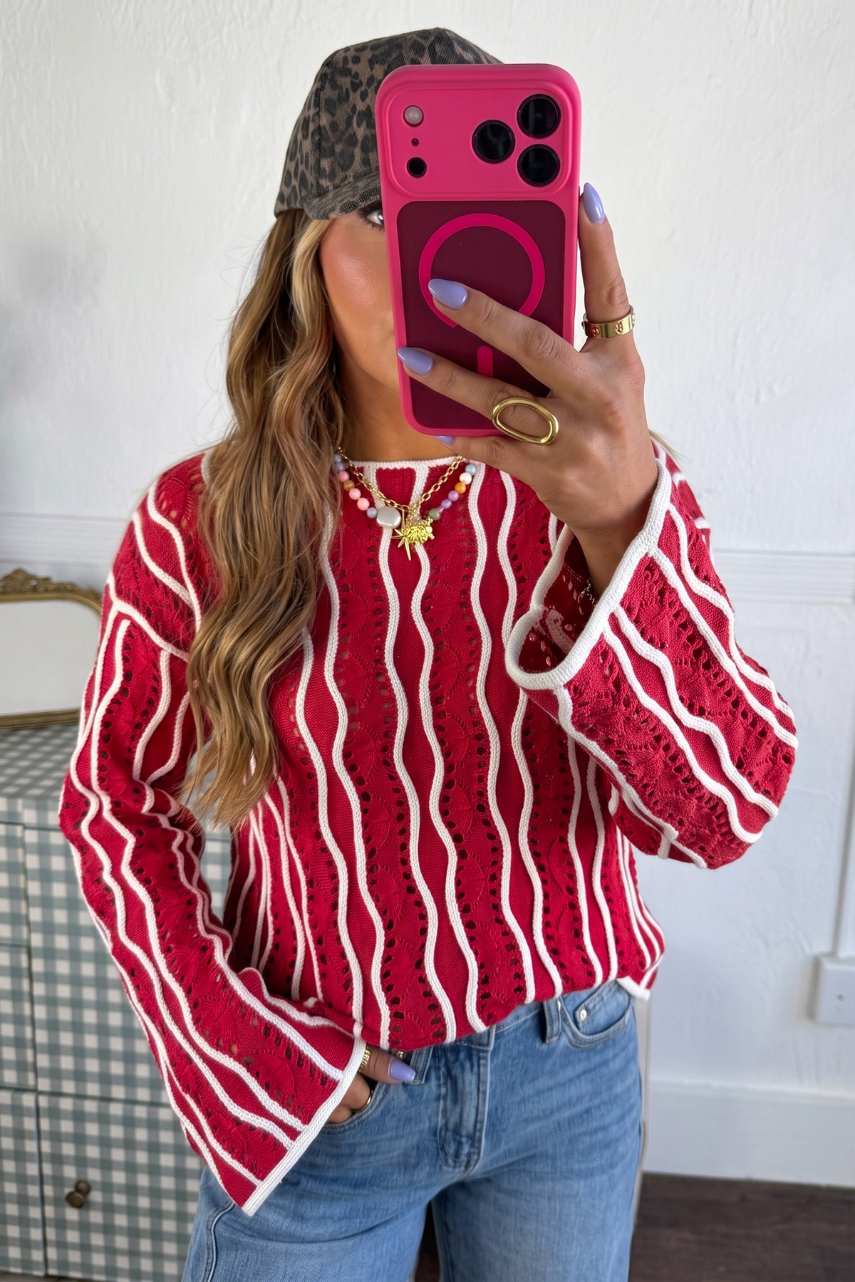 Wavy Detail Hollow Out Knit Sweater