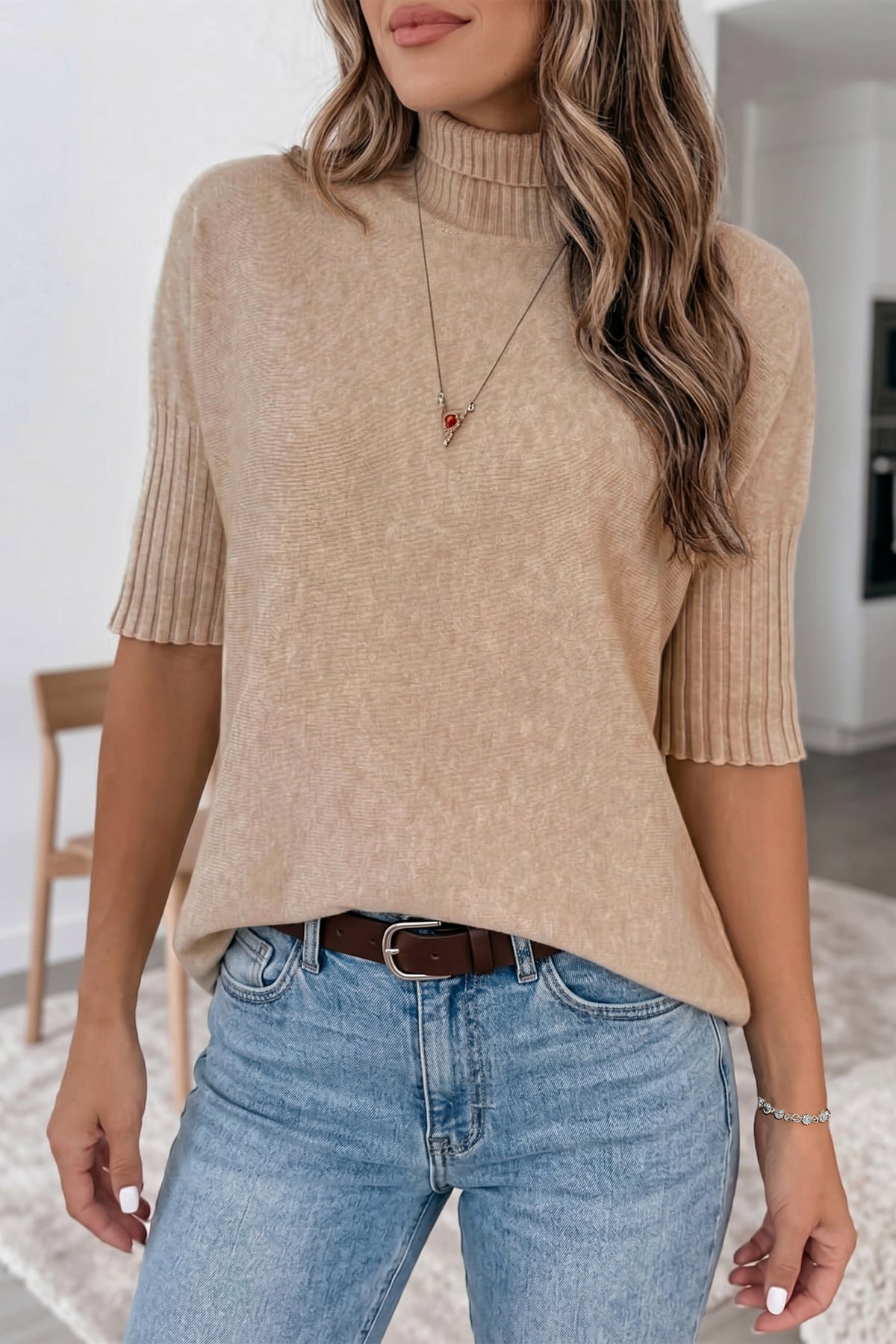 Ribbed Trim High Neck Short Sleeve Sweater