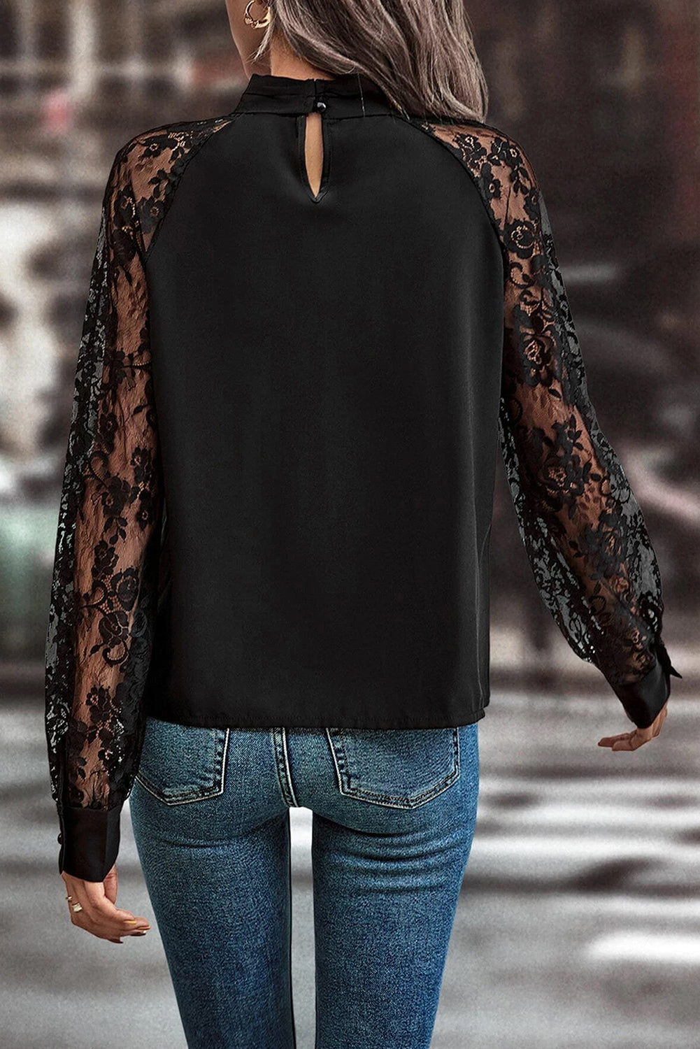 Black Keyhole Floral Lace Blouse