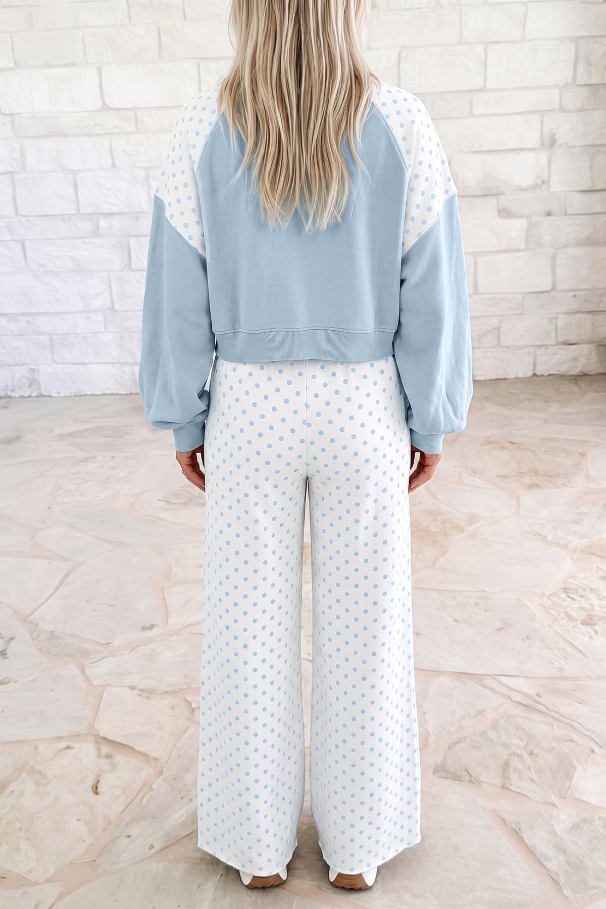 Polka Dot Colorblock Long Sleeve 2-Piece Pants Set