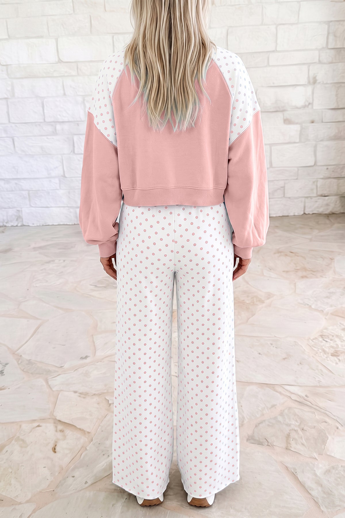 Polka Dot Colorblock Long Sleeve 2-Piece Pants Set