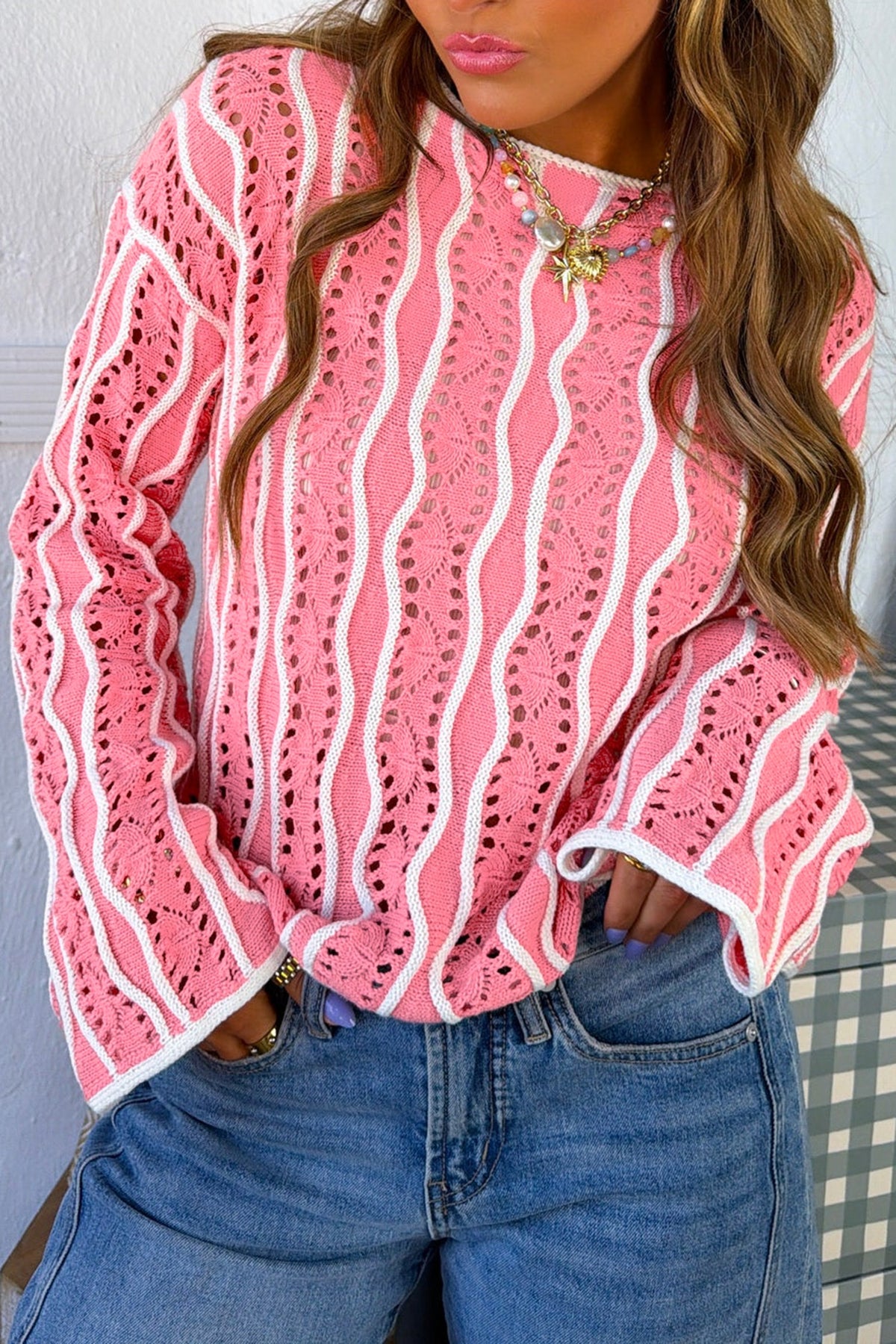 Wavy Detail Hollow Out Knit Sweater