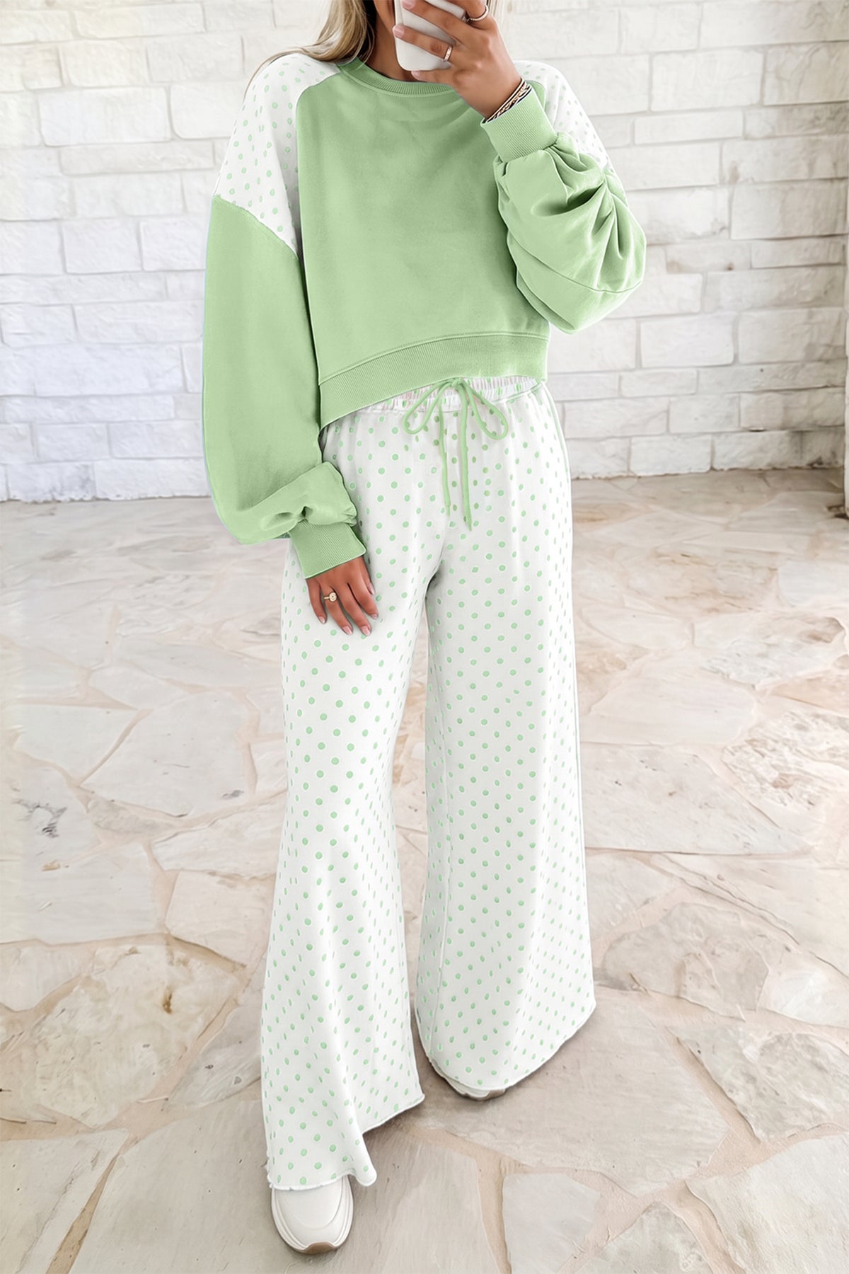 Polka Dot Colorblock Long Sleeve 2-Piece Pants Set
