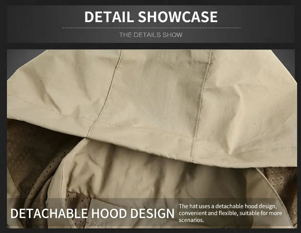 Men's Lightweight Detachable Hood Zipper Multi-Pocket Casual Windbreaker