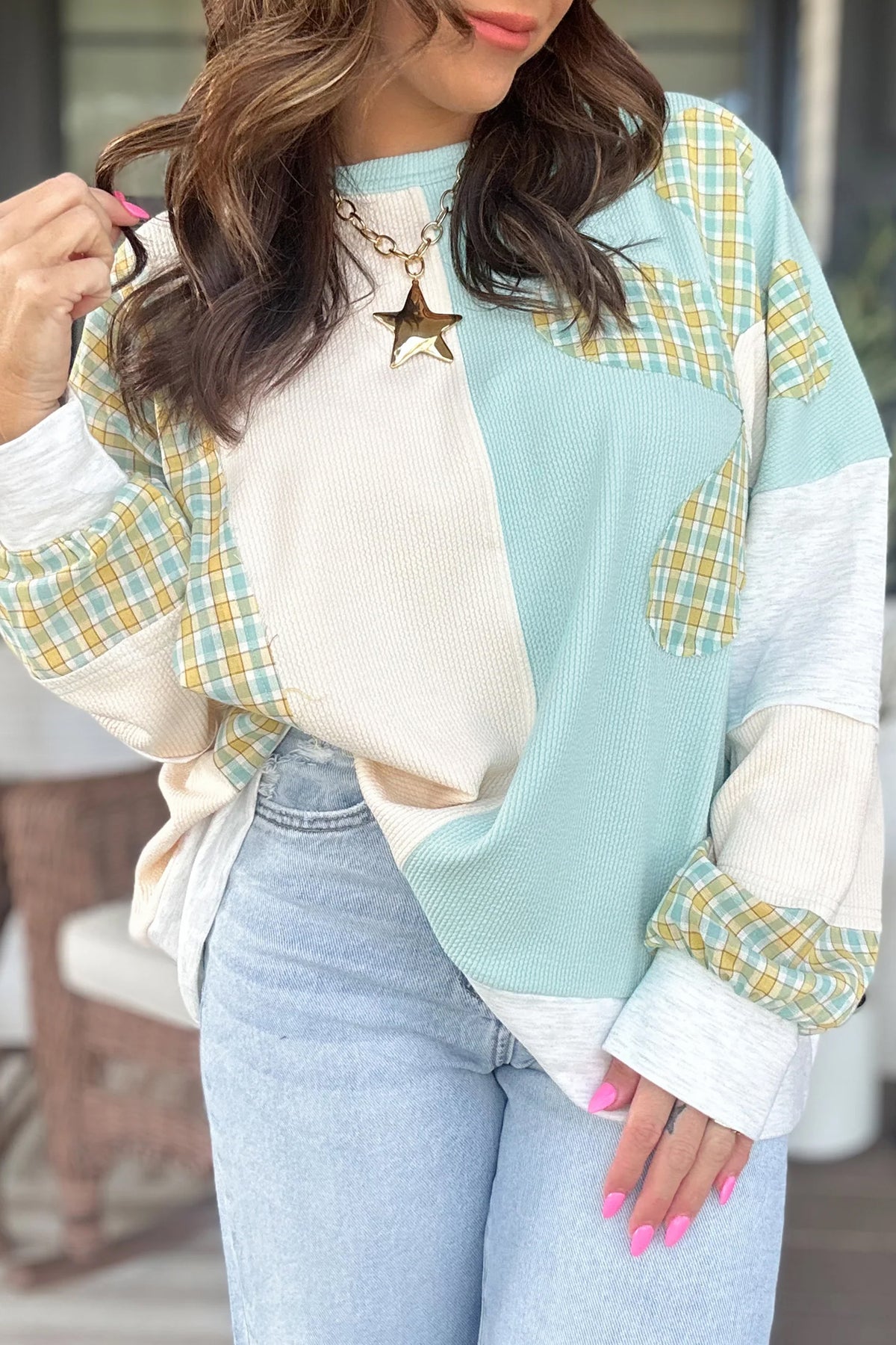 Light Blue Plaid Patchwork Top