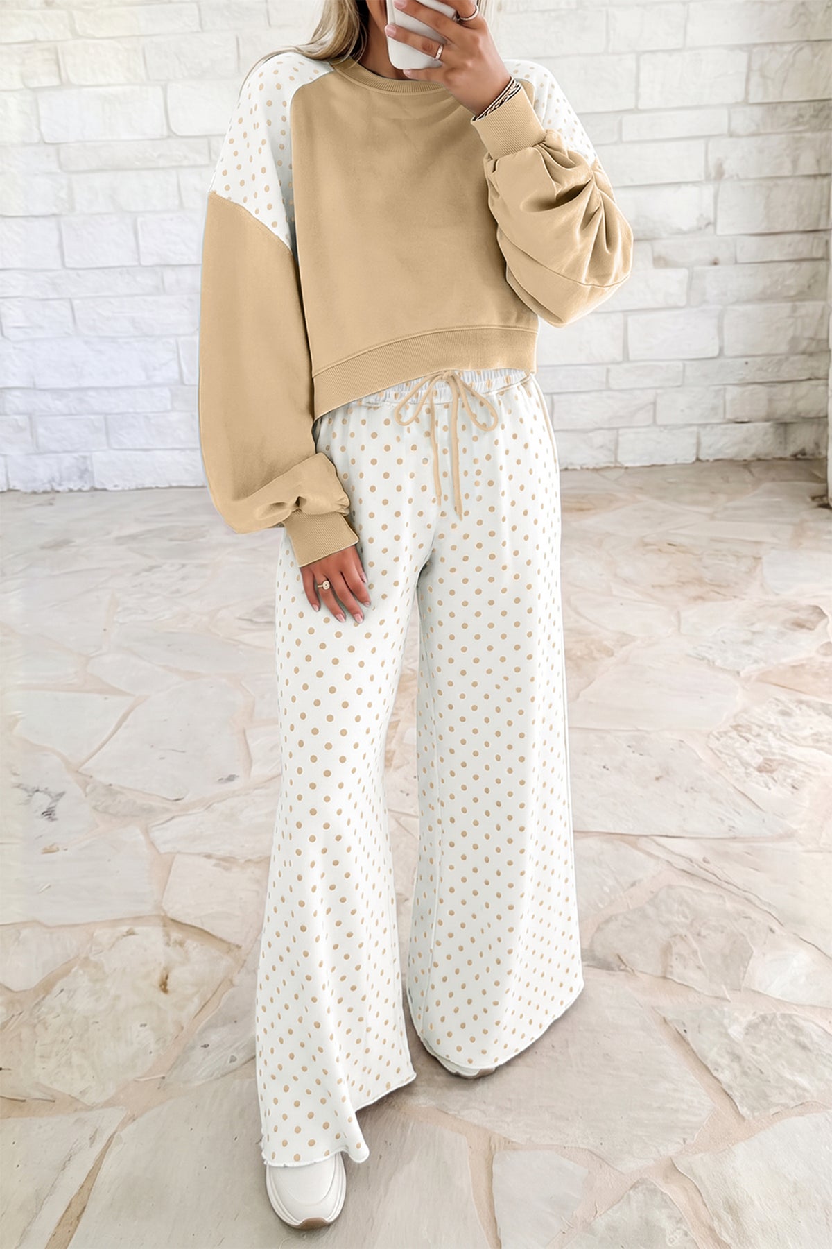 Polka Dot Colorblock Long Sleeve 2-Piece Pants Set