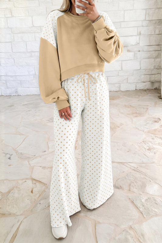Polka Dot Colorblock Long Sleeve 2-Piece Pants Set