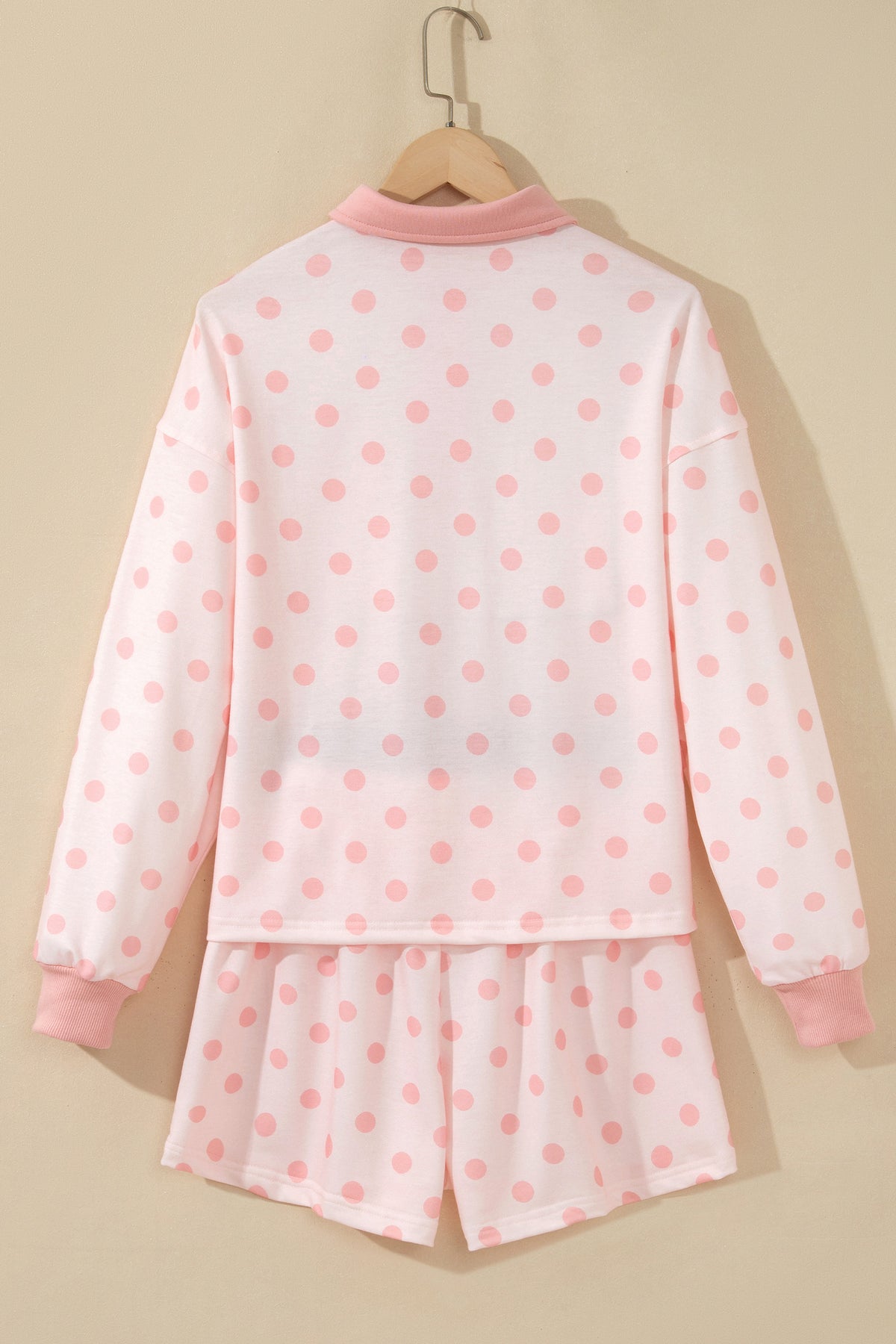Polka Dot Drop Shoulder Loose Pullover Patch Pocket Shorts Set