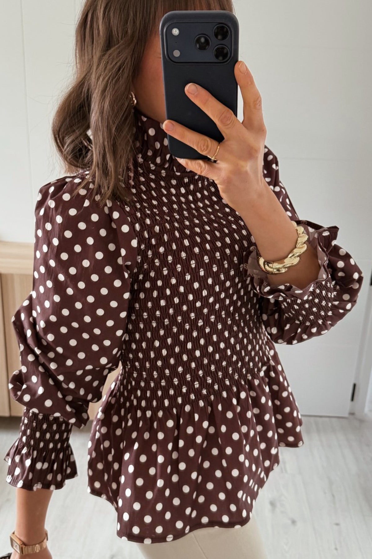 Polka Dot Ruffled High Neck Ruffle Hem Blouse